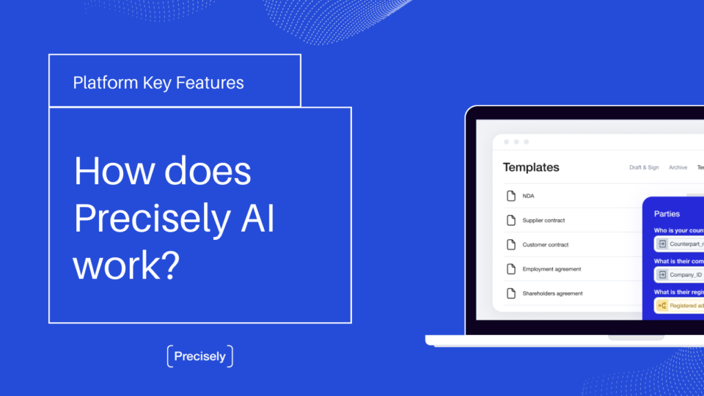 An illustration with white writing on blue background that says "How does Precisely AI work?"